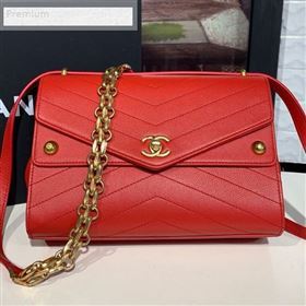 Chanel Chevron Calfskin Studded Charm Medium Flap Bag Red 2019 (KAIS-9070815)