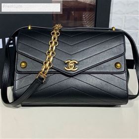 Chanel Chevron Calfskin Studded Charm Medium Flap Bag Black 2019 (KAIS-9070817)