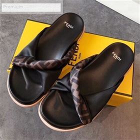 Fendi FF Canvas Twist Flat Slide Sandals Black 2019 (For Women and Men) (EM-9071612)