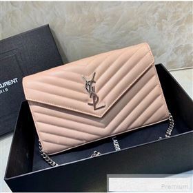 Saint Laurent 360452 Monogram Chain Wallet in Grained Matelasse Leather Light Pink(SHW)2019 (MH-9052353)