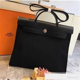 Hermes Original Leather And Canvas Large Herbag Handbag 39cm All Black 2019 (DB-9052362)