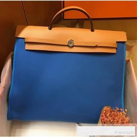 Hermes Original Leather And Canvas Large Herbag Handbag 39cm Blue/Light Coffee/Green 2019 (DB-9052372)