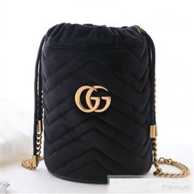 Gucci GG Marmont Velvet Mini Bucket Shoulder Bag 575163 Black 2019 (DLH-9052958)