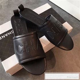 Chanel Logo Lambskin Flat Slide Sandals Black 2019 (EM-9053167)