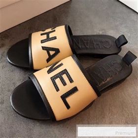 Chanel Logo Lambskin Flat Slide Sandals Beige 2019 (EM-9053165)