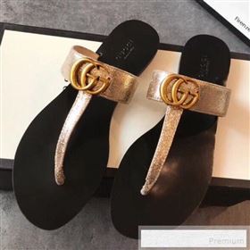 Gucci Leather Flat Thong Sandal with Double G 497444 Gold 2018 (EM-9053170)