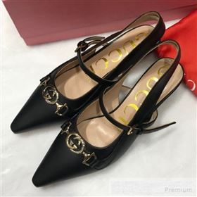 Gucci Zumi Leather Slingback Heel Pumps with G Horsebit 583300 Black 2019 (ANDI-9060136)