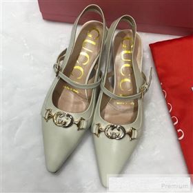 Gucci Zumi Leather Slingback Heel Pumps with G Horsebit 583300 White 2019 (ANDI-9060139)