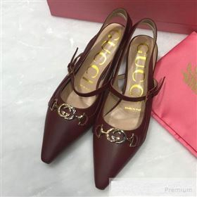 Gucci Zumi Leather Slingback Heel Pumps with G Horsebit 583300 Burgundy 2019 (ANDI-9060140)