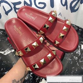 Valentino Calfskin Rockstud Straps Flat Slide Sandals Red 2019 (1050-9053185)