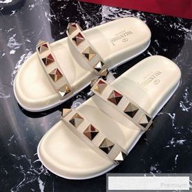 Valentino Calfskin Rockstud Straps Flat Slide Sandals White 2019 (1050-9053186)