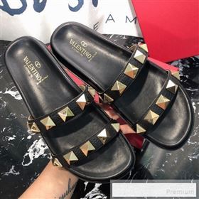 Valentino Calfskin Rockstud Straps Flat Slide Sandals Black 2019 (1050-9053187)