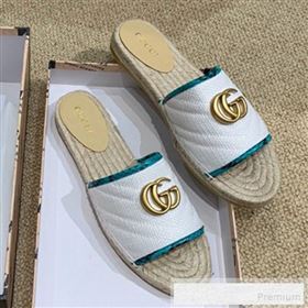 Gucci Chevron Raffia Flat Espadrille Slide Sandals with Double G 578554 White 2019 (HANB-9060103)