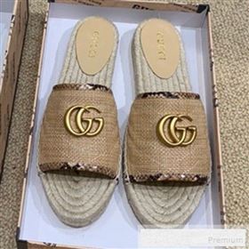 Gucci Chevron Raffia Flat Espadrille Slide Sandals with Double G 578554 Beige 2019 (HANB-9060104)