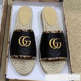 Gucci Chevron Raffia Flat Espadrille Slide Sandals with Double G 578554 Black 2019 (HANB-9060105)