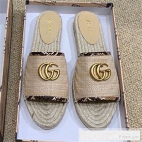 Gucci Chevron Raffia Flat Espadrille Slide Sandals with Double G 578554 Natural Beige 2019 (HANB-9060108)