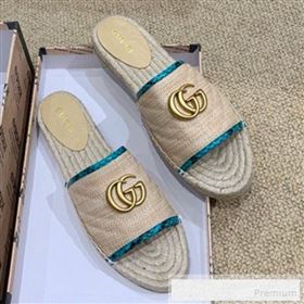 Gucci Chevron Raffia Flat Espadrille Slide Sandals with Double G 578554 Light Beige/Geen 2019 (HANB-9060107)