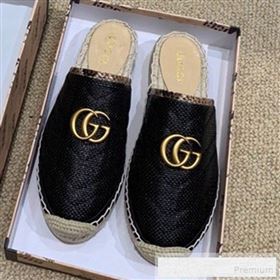 Gucci Chevron Raffia Flat Espadrille Mules with Double G 578554 Black 2019 (HANB-9060114)
