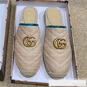 Gucci Chevron Raffia Flat Espadrille Mules with Double G 578554 Light Beige/Green 2019 (HANB-9060112)