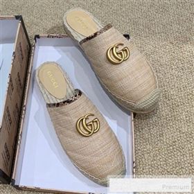 Gucci Chevron Raffia Flat Espadrille Mules with Double G 578554 Natural Beige 2019 (HANB-9060113)