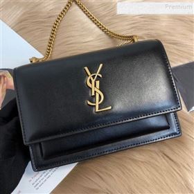 Saint Laurent Sunset Chain Wallet in Toothpick Grained Leather 452157 Black/Gold 2019 (KTSD-9082012)