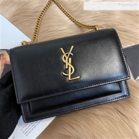 Saint Laurent Sunset Chain Wallet in Toothpick Grained Leather 452157 Black/Gold 2019 (KTSD-9082012)
