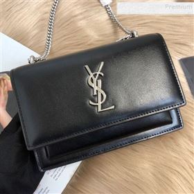 Saint Laurent Sunset Chain Wallet in Toothpick Grained Leather 452157 Black/Silver 2019 (KTSD-9082013)