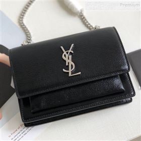 Saint Laurent Sunset Chain Wallet in Crystal-Grained Leather 452157 Black/Silver 2019 (KTSD-9082016)