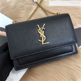 Saint Laurent Sunset Chain Wallet in Crystal-Grained Leather 452157 Black/Gold 2019 (KTSD-9082017)