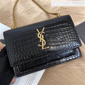 Saint Laurent Sunset Chain Wallet in Crocodile Embossed Leather 452157 Black/Gold 2019 (KTSD-9082019)