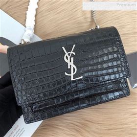 Saint Laurent Sunset Chain Wallet in Crocodile Embossed Leather 452157 Black/Silver 2019 (KTSD-9082018)