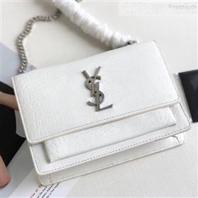 Saint Laurent Sunset Chain Wallet in Crocodile Embossed Leather 452157 White 2019 (KTSD-9082020)