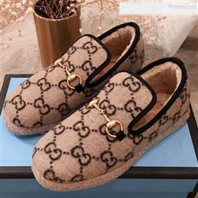 Gucci GG Wool Lining Flat Horsebit Loafers ‎575850 Beige 2019 (For Women and Men) (HQG-9082206)