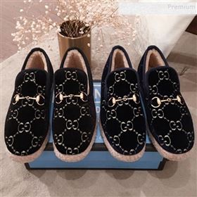 Gucci GG Wool Lining Flat Horsebit Loafers ‎575850 Black/Dark Blue 2019 (For Women and Men) (HQG-9082209)