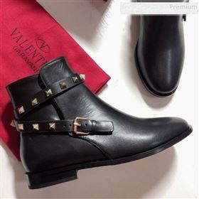 Valentino Calfskin Rockstud Strap Flat Ankle Short Boots Black 2019 (DLY-9082142)