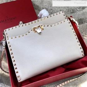 Valentino Grained Calfskin Rockstud Large Top Handle Bag White Fall 2018 (JIND-9081940)