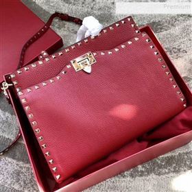 Valentino Grained Calfskin Rockstud Large Top Handle Bag Red Fall 2018 (JIND-9081938)