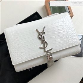 Saint Laurent Kate Small Chain and Tassel Bag in Crocodile Embossed Leather 474366 White/Silver 2019 (KTSD-9083107)