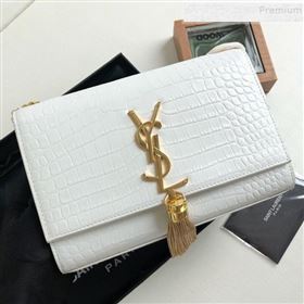 Saint Laurent Kate Small Chain and Tassel Bag in Crocodile Embossed Leather 474366 White/Gold 2019 (KTSD-9083108)
