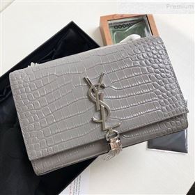 Saint Laurent Kate Small Chain and Tassel Bag in Crocodile Embossed Leather 474366 Grey/Silver 2019 (KTSD-9083112)