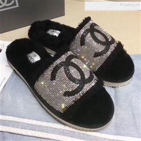 Chanel Fringe CC Crystal and Wool Flat Slide Sandals Black 2019 (KQN-9090304)