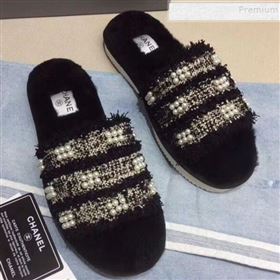 Chanel Fringe Pearl Fabric and Wool Flat Slide Sandals Black 2019 (KQN-9090306)