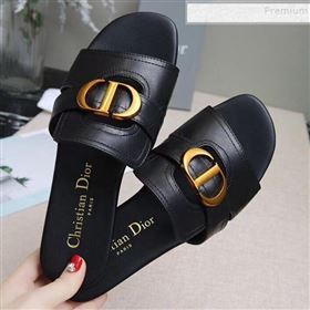 Dior Calfskin Logo Charm Flat Slide Sandals Black 2019 (MD-9090316)