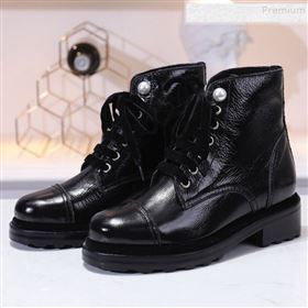 Chanel Vintage Patent Leather Pearl Lace-up Short Boots Black 2019 (DLY-9091119)