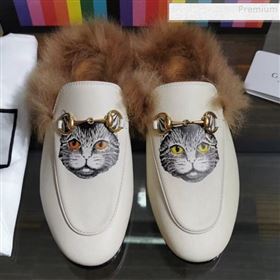 Gucci Princetown Calfskin Wool Slipper with Mystic Cat Print White 2019 (MD-9091138)