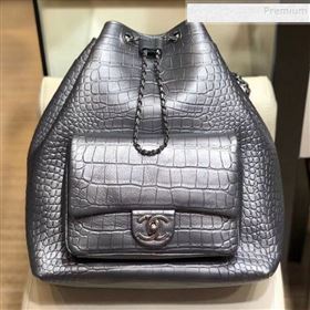Chanel Metallic Crocodile Embossed Calfskin Large Backpack AS0800 Silver 2019 (SMJD-9091812)