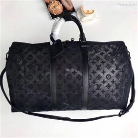 Louis Vuitton Mens Keepall Bandoulière 50 Monogram Embroidered Mesh Travel Bag M53971 Black 2019 (FANG-9092115)