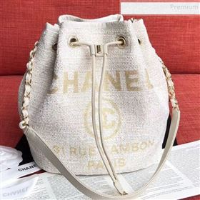 Chanel Fabric Logo Print Small Drawstring Bucket Bag White/Gold 2019 (XING-9092107)
