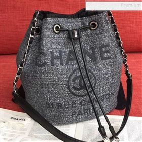 Chanel Fabric Logo Print Small Drawstring Bucket Bag Black 2019 (XING-9092110)