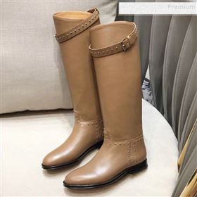 Hermes Classic Kelly Studded Calfskin Flat High Boots Brown (XZG-9092401)